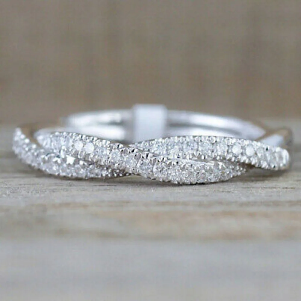Charm Silver Twisted Rope Dazzling Diamonds Ring - Picture 3 of 5